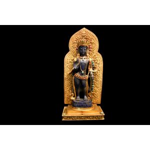 Gold Plated Lapis Crystal Standing Lokeshwor Statue Idol