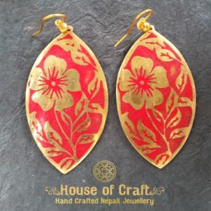 Hand-Made Light Weight Stone Filled Oval Flower Brass Earring