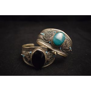 Assorted Stone Adjustable Wrist Size White Metal Bangle 