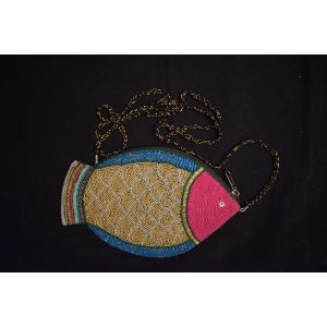 Fish Designed Hand Crochet Glass Bead Purse with Good Quality Zipper & Strap