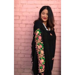 Floral Design Border Embroidery Black Shawl