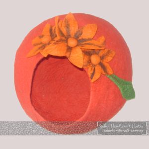 Orange Cat Cave with Flowers on Top