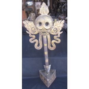 Antique Tibetean Iron Tantrik Phurba Skull Khatvanga With Stand