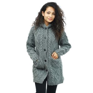 Grey Woolen Cable Designed Buttoned Jacket 