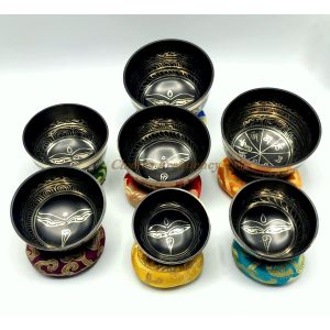 Black Color Seven chakra tune singing bowl set of 7-Singing Bowl Set of 7-Chakra Tune Singing Bowl set for yoga, meditation, sound healing, chakra balancing, sound therapy, Zen Healing, Reiki Bowl comes with cushion, mallet striker and box
