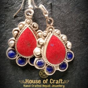 Light Weight Handmade White Metal Red, White & Lapis Stone Oval Earring