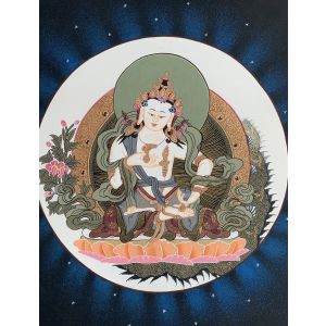 Hand-Painted Vajrasattva Tibetan Thangka Art on Canvas, 13 x 15 Inches