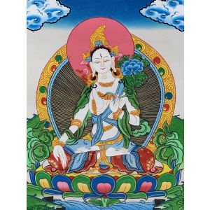 Hand-Painted White Tara Tibetan Thangka Art on Canvas, 12 x 15 Inches