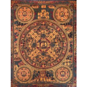 Hand-Painted Buddha Mandala Tibetan Thangka Art on Canvas, 21 x 27 Inches