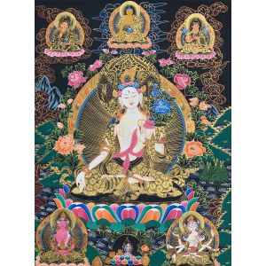 Hand-Painted White Tara Tibetan Thangka Art on Canvas, 22 x 28 Inches