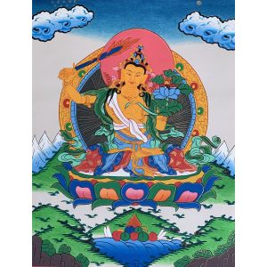 Hand-Painted Manjushree God of Wisdom Tibetan Thangka Art on Canvas 12 x 15 Inches