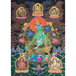 Hand-Painted Green Tara Tibetan Thangka Art on Canvas, 21 x 28 Inches