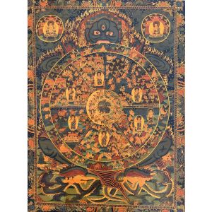 Hand-Painted Bhavachakra Wheel of Life Tibetan Thangka Art on Canvas, 20 x 26 Inches