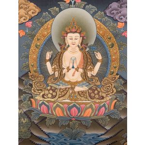 Hand-Painted Avalokiteswor Tibetan Thangka Art on Canvas, 10 x 12 Inches