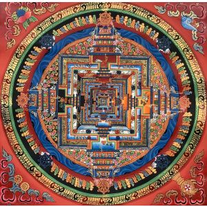 Hand-Painted Kalachakra Mandala Tibetan Thangka Art on Canvas, 12 x 12 Inches