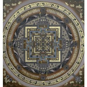 Hand-Painted Kalachakra Mandala Tibetan Thangka Art on Canvas, 17 x 17 Inches