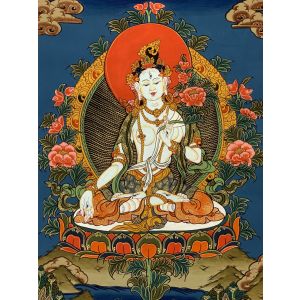 Hand-Painted White Tara Tibetan Thangka Painting Art on Canvas 12 x 16 Inches