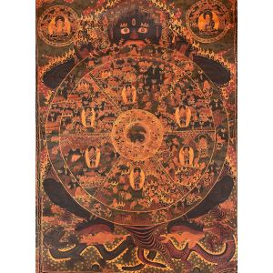 Hand-Painted Bhavachakra, Wheel of Life, Tibetan Thangka Art on Canvas 20 x 26 Inches