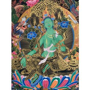 Hand-Painted Green Tara Tibetan Thangka Art on Canvas, 22 x 30 Inches