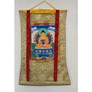 Hand-Painted Shakyamuni Buddha Tibetan Thangka Art in Silk Brocade 12x15 Inches (30x38 cm)