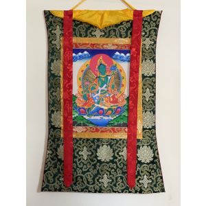 Hand-Painted Green Tara Tibetan Thangka Art in Silk Brocade