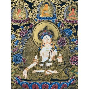 Hand-Painted White Tara Tibetan Thangka Painting, Art on Canvas