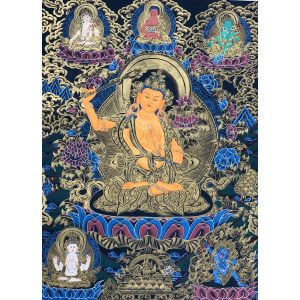 Hand-painted Manjusri, Manjushree, God of Wisdom Thangka, Art on Canvas, 17 x 24-Inch