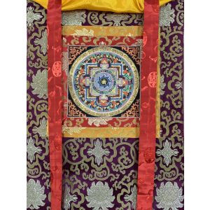 Hand-Painted Om Lotus Mandala Thangka Art in Silk Brocade