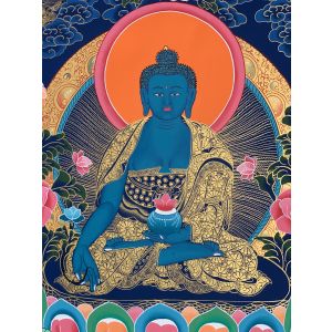 Hand-Painted Medicine Buddha Tibetan Thangka Art on Canvas,  22 x 30 Inches