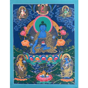 Hand-Painted Medicine Buddha Tibetan Thangka, Art on Canvas, 22 x 30 Inches