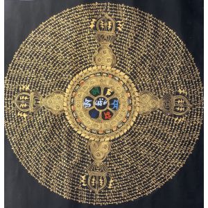 Hand-Painted Om Mantra and Vajra Mandala Tibetan Thangka Art on Canvas, 30 x 30 Inches