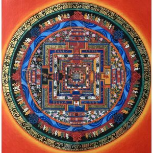 Hand-Painted Kalachakra Mandala Tibetan Thangka Art on Canvas 12 x 12 Inches