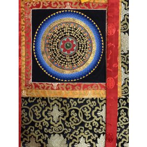 Hand-Painted Om Mantra Mandala Thangka Art with Silk Brocade