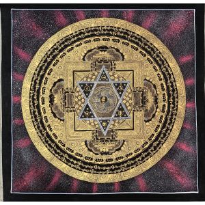 Hand-Painted Mantra Mandala Thangka Painting, Art on Canvas, 20 x 20 Inches