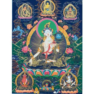 Hand-Painted White Tara Tibetan Thangka Fine Art Painting on Canvas, 23 x 31 Inches
