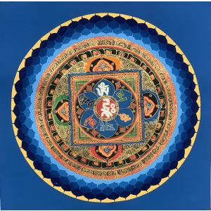 Hand-Painted Om Lotus Mandala Tibetan Thangka Painting Art on Canvas, 12 x 12 Inches
