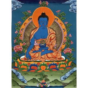 Hand-Painted Medicine Buddha Tibetan Thangka Art Painting 13 x 17 Inches