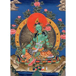 Hand-Painted Green Tara Tibetan Thangka Art on Canvas, 13 x 17 Inches