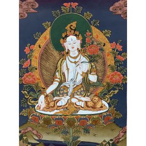Hand-Painted White Tara Tibetan Thangka, Art on Canvas 13 x 17 Inches