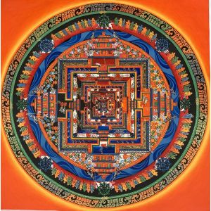 Hand-Painted Kalachakra Mandala Tibetan Thangka Art, Painting on Canvas 14 x 14 Inches