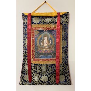 Hand-Painted Lokeshwor Premium Gold Thangka Art on Canvas with Silk Brocade