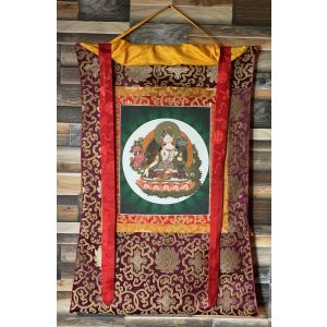 Hand-Painted White Tara Tibetan Thangka Art in Silk Brocade