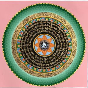 Hand-Painted Mantra Symbol Mandala Tibetan Thangka Painting, Art on Canvas, 12 x 12 Inches