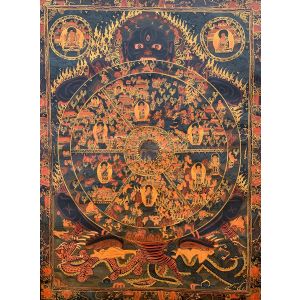 Hand-Painted Buddha Life Mandala Tibetan Thangka Painting Antique Finish 17 x 22 Inches