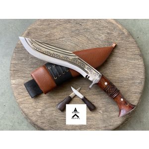 Gurkha Nepal Hand-Forged Chira 3 Fuller Khukuri Full Tang 8 Inched Carved Wood Handle