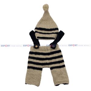 Black and Cream Woolen Double Button Baby Dungaree Prop Set for Photoshoot for New Born Baby