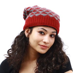 Red Grey Patterned Woolen Beanie