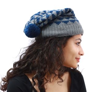 Blue Grey Patterned Woolen Beanie 
