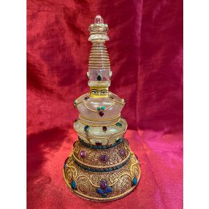 Crystal Stupa with Gold Plated Copper Metal Work & Stone Setting