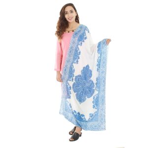 White and Sky Blue Floral Printed Shawl For Women